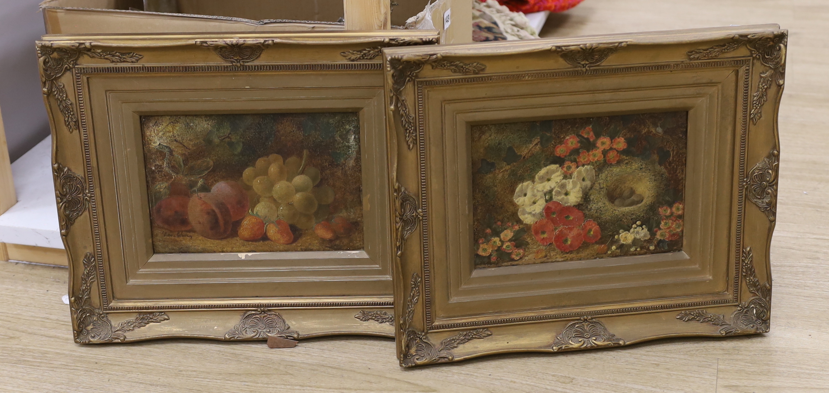 Oliver Clare (1853-1927), pair of oils on canvas, Still lifes of fruit and flowers, each signed, 17 x 24cm, ornate gilt framed
